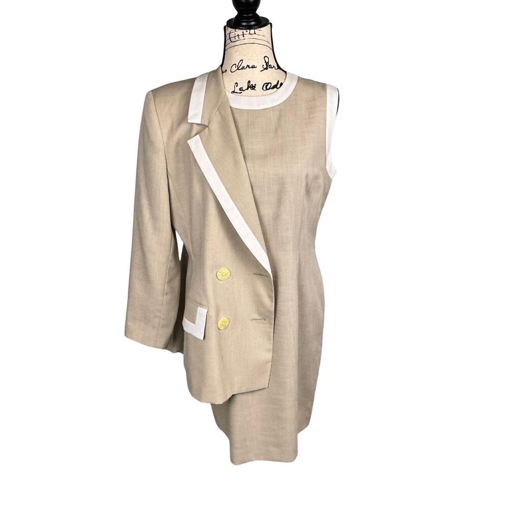 Vtg 90's Power Suit Dress & Blazer Women 10 Petite Shoulder Pads Double Breasted - Picture 2 of 16